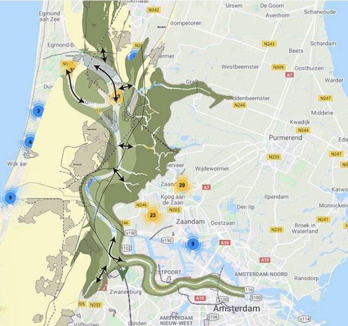 Het Oer-IJ gebied. Illustratie op de website van Stompe Toren Spaarnwoude bij een artikel over een fietsexcursie in het zuidelijke Oer-IJ gebied.