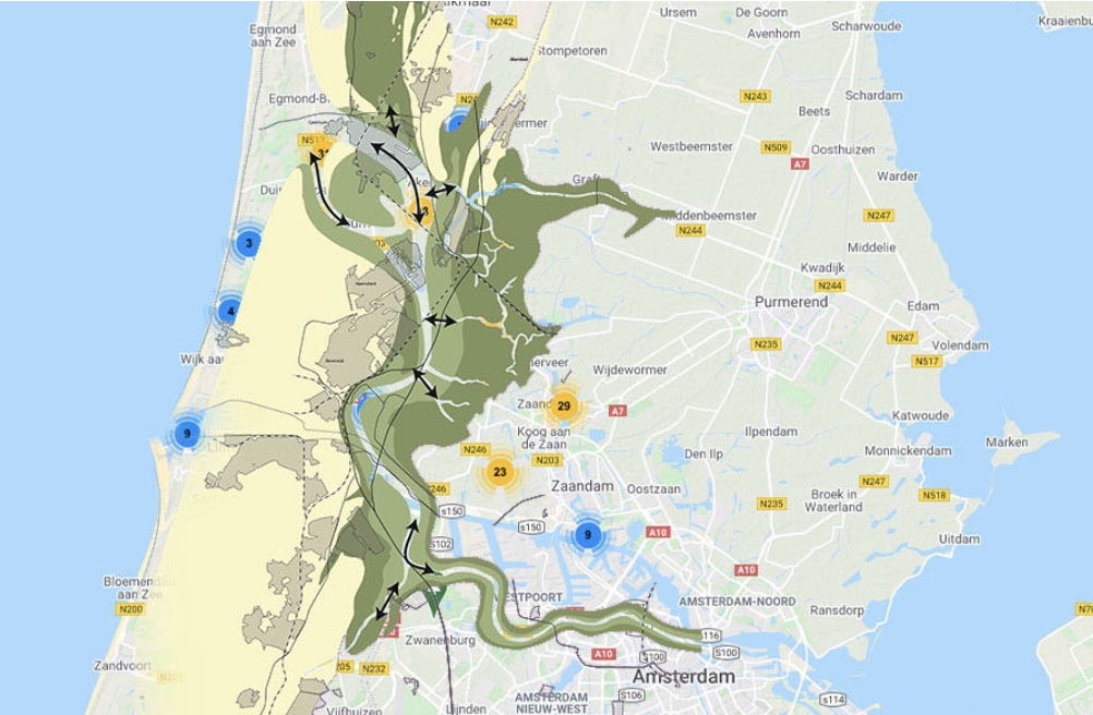 Het Oer-IJ gebied. Illustratie op de website van Stompe Toren Spaarnwoude bij een artikel over een fietsexcursie in het zuidelijke Oer-IJ gebied.